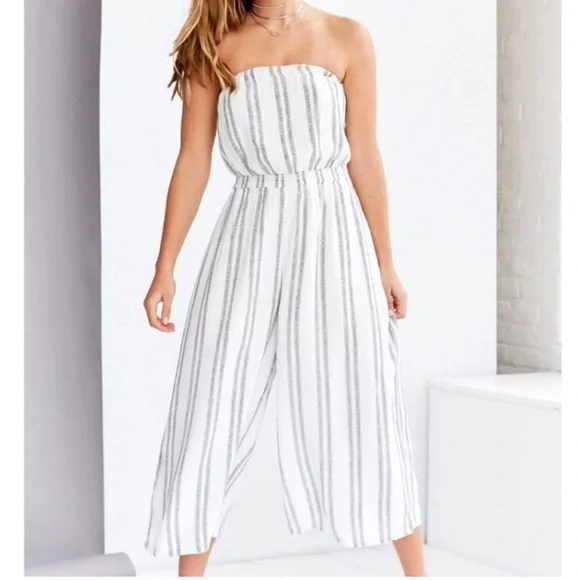 Naked Zebra Denim Blue & White Stripe Rayon Strapless Cropped Pantsuit Jumper S - Picture 2 of 11